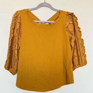 Anthropologie Shirt Womens Small Lace Crochet Puff Sleeve Boho Tie Back Top